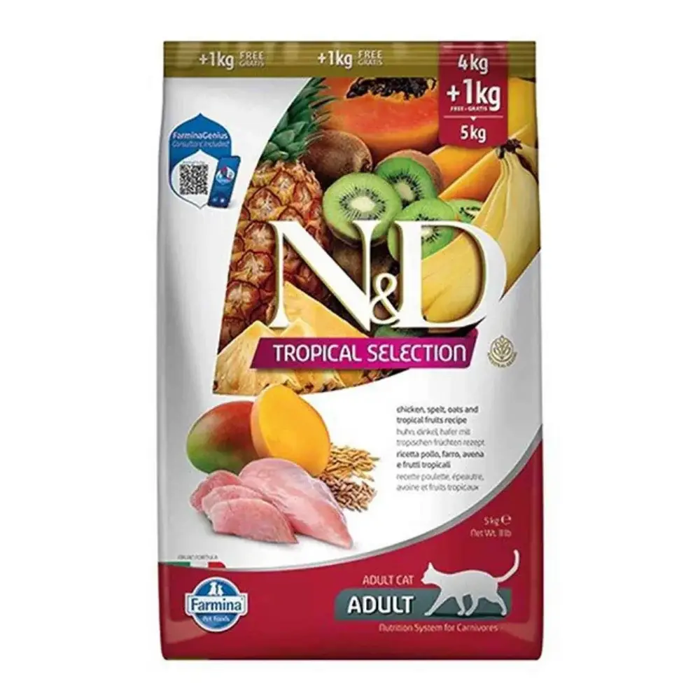 N&D Tropical Selection Tavuklu ve Tropikal Meyveli Kısırlaştırılmış Yetişkin Kedi Maması 4kg + 1kg